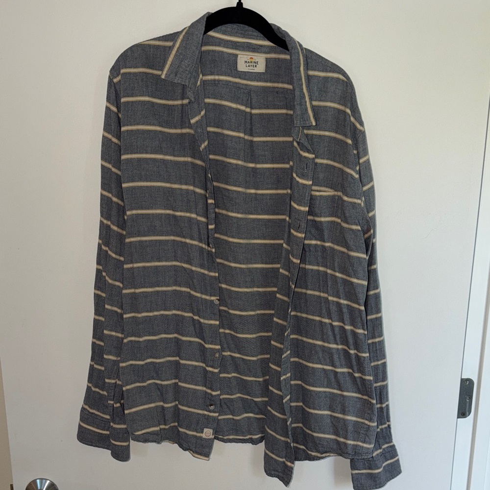 Marine Layer Gray and Cream Striped Casual Button Down Shirt